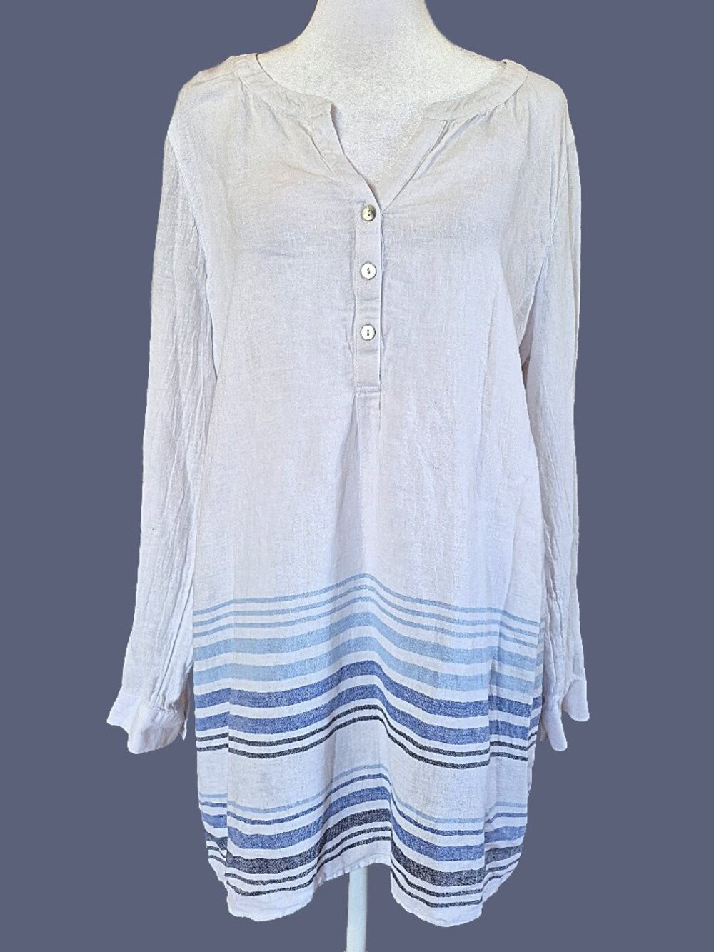 J. Jill Linen Blend Striped Henley Tunic Top Long Sleeve Blue White Womens Sz L